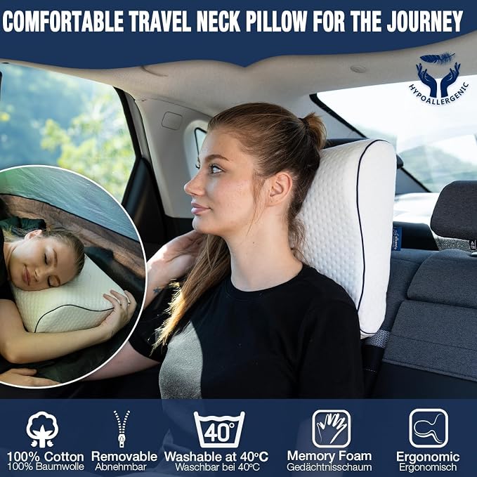 alkamto Travel & Camping Comfortable Memory Foam Pillow – Easy to Carry Portable Bag – Temperature Regulating Pillow Case (White Contour) - Image 3