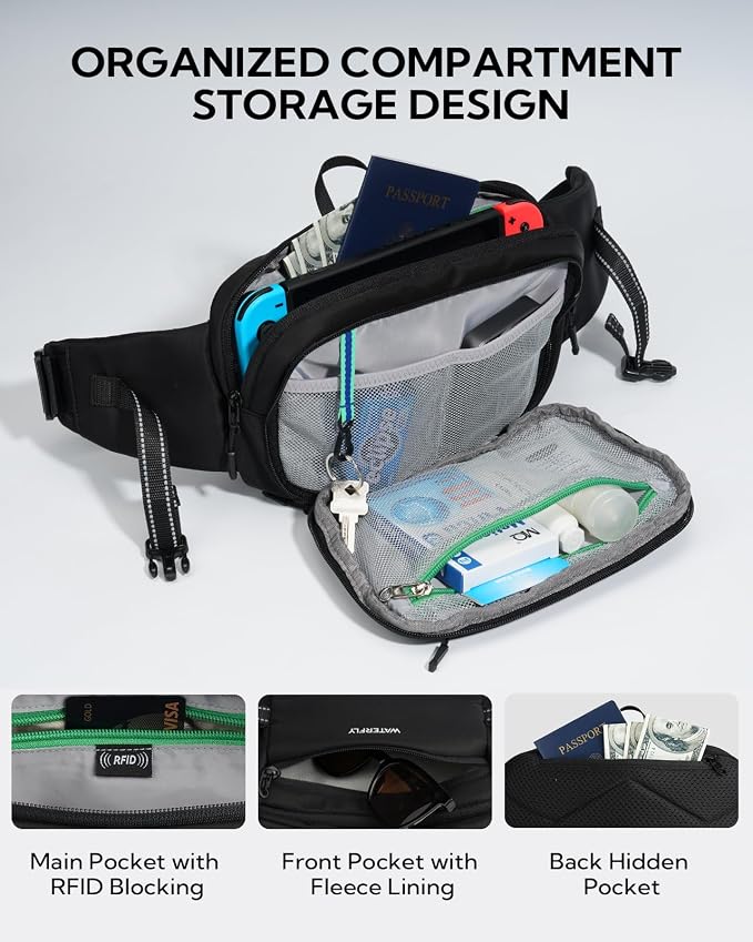 WATERFLY Fanny Pack Waist Bag: 3L Large RFID Anti-Theft for Travel | 180-Degree Opening Design, 5 Pockets, Nylon, Reflective Webbing, Adjustable Buckles, Hiking Daily Use, Women Men - Image 4