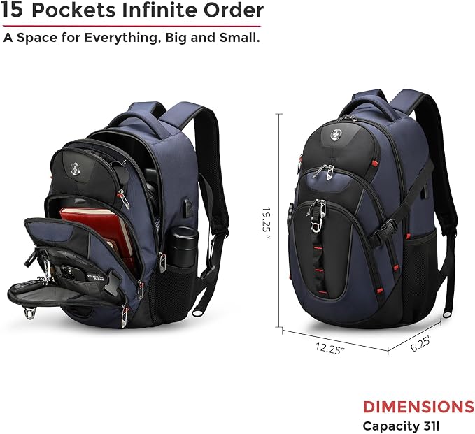 Swissdigital Design Laptop Backpack with USB Charging Port, Travel Backpack Fits 15.6 inches Computer, 31l College School Backpack for Men, Blue/Black | SD803-12 - Image 3