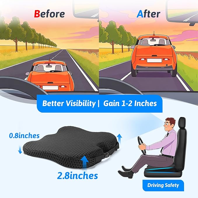 Wedge Car Seat Cushion for Better Visibility & Sciatica Pain Relief | High Density Memory Foam, Non-Slip Ergonomic Car Seat Cushion for Driving, Universal Fit for Car, SUV,Truck & Tractor - Image 3