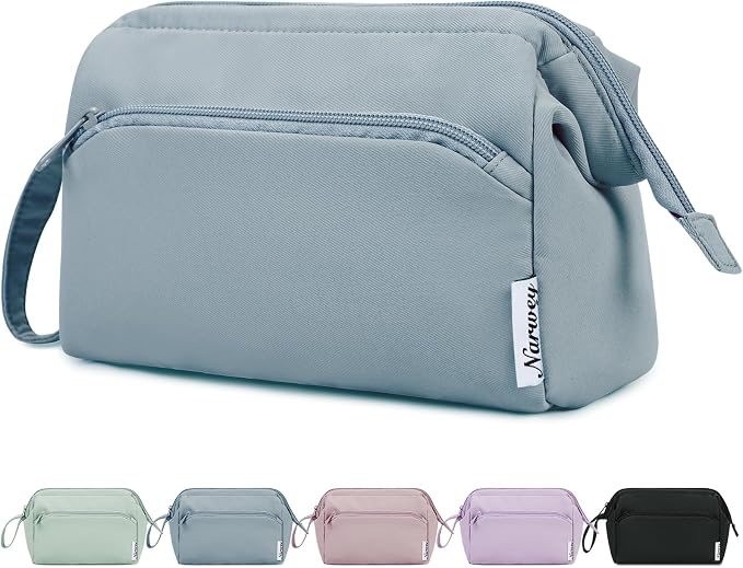 Narwey Wide-open Makeup Bag Women Make up Bag Travel Cosmetic Bag Organizer Toiletry Bag for Cosmetics Toiletries Accessories (Greyish Blue) by Narwey