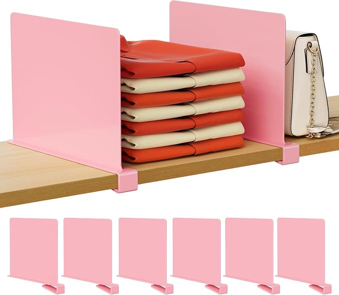 HBlife 6 Pack Closet Organizers and Storage, Pink Shelf Dividers, Vertical Purse Organizer for Closet Perfect for Sweater, Shirts, Handbags in Bedroom and Kitchen, Acrylic Bookshelf for Organization by HBlife