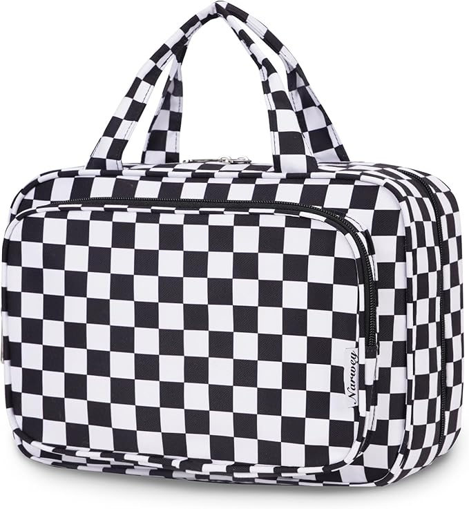 Narwey Travel Toiletry Bag for Women Large Hanging Makeup Bag Organizer Toiletries Bag for Full Size Essentials Accessories Cosmetics (Black Checkerboard (Large)) by Narwey
