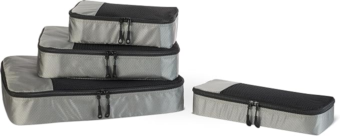 Amazon Essentials 4-Piece Packing Cubes Travel Accessories Set, Space-Saving Luggage Organizer with Double Zipper, Mesh Top Panel, Small/Medium/Large/Slim, Gray (Previously Amazon Basics) by AmazonEssentials