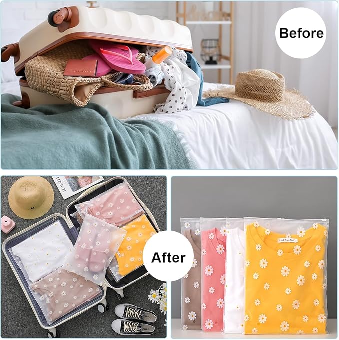30PCS Travel Storage Bags for Clothes, Clear Plastic Ziplock Bags, 5 Size | Daisy Pattern, Reusable Zipper Pouches, Waterproof Resealable Clothing Zipper Bags, Luggage Organizer, Shoes Cosmetics Use - Image 2