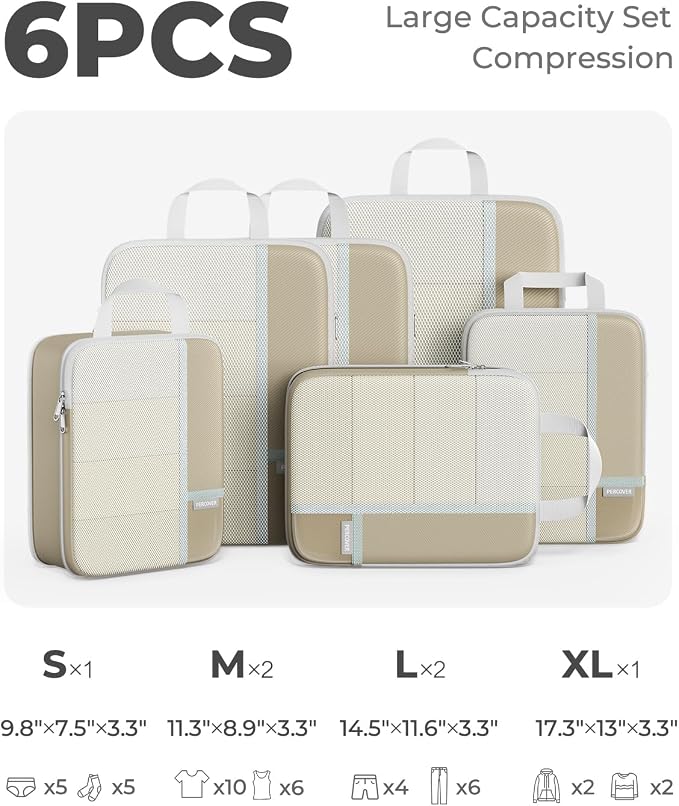 Percover Compression Packing Cubes for Travel, 6-Piece Structured Compression Organizer Set for Organized Packing & Carry-On Luggage, Camel - Image 2
