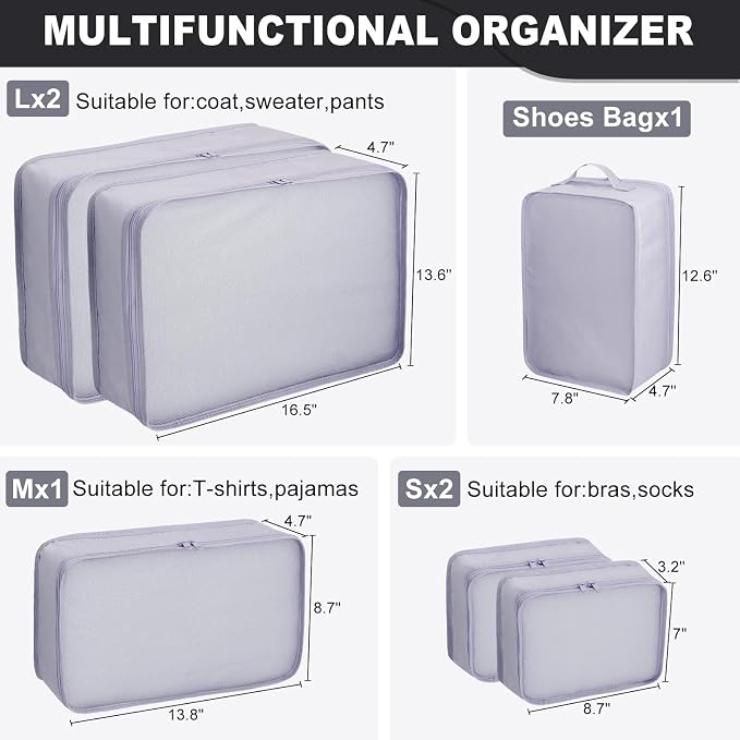 Packing cubes for Travel, CALACH Luggage Organizer Bags 6 Set Packing Cubes for Suitcases Travel Essentials for Carry on Mesh Suitcase Organizer with Shoe Bag (grey) - Image 2