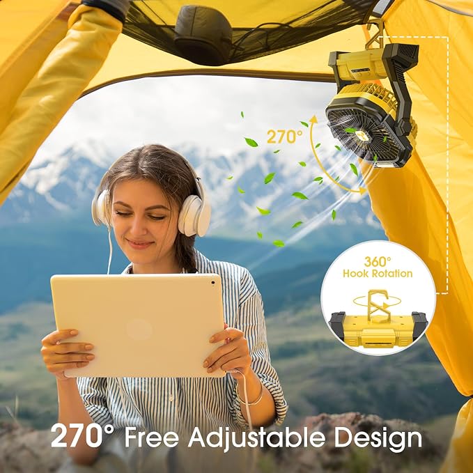 Portable Fan Rechargeable 20000mAh Cordless Battery Powered Camping Fan | with LED Lantern, Small Table Fan, USB Battery Operated Fans for Travel Bedroom Home Camping Tent Office Beach Desk Yellow - Image 6