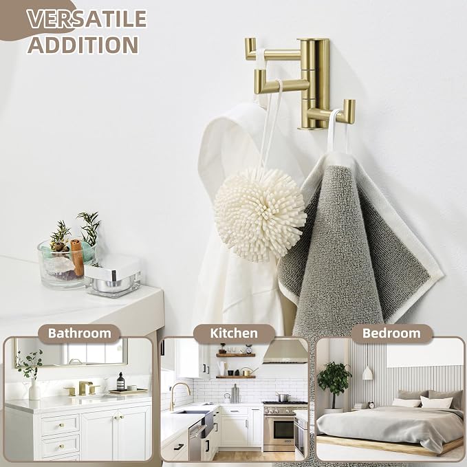Angle Simple Towel Hook 3 Arms, Swivel Coat Wall Hook, Brushed Gold | Solid SUS304 Stainless Steel, Foldable Robe Towel Holder for Bathroom Kitchen Closet, Modern Space Saver, Screws Mounted - Image 8