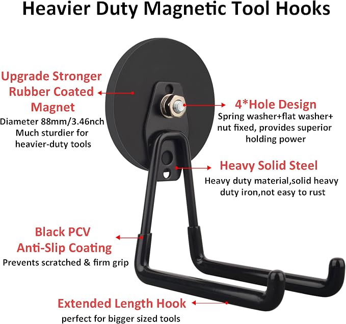 ULIBERMAGNET Strong Magnetic Ultimate Hooks,Large Magnet with Hooks for Heavy Duty Tools,Jig Saw,Hose, 2 Pack Heavy Duty Magnetic Hooks for Hammer Drill,Circular Saw,Garden Tool(3.46inch/Black) - Image 2
