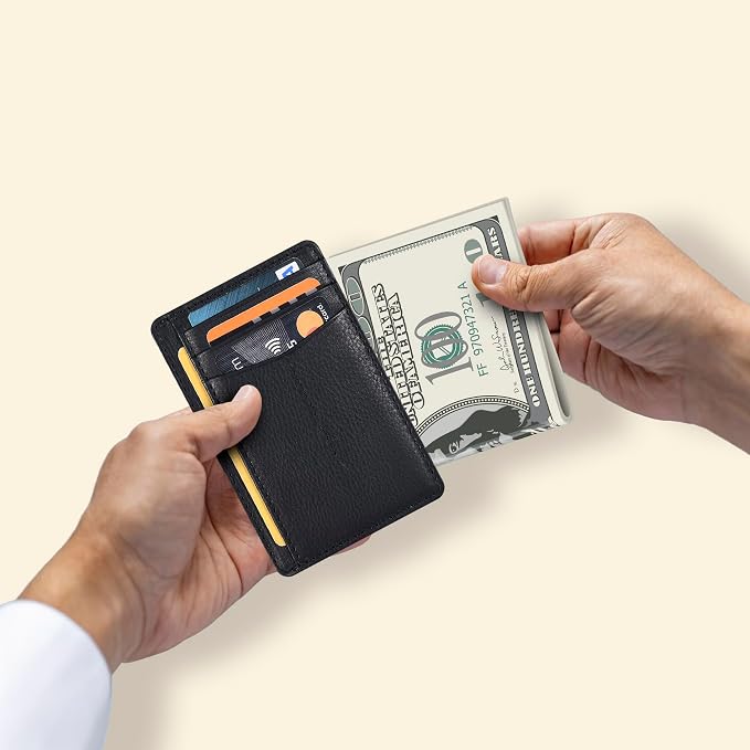 Slim Minimalist RFID Leather Wallet, Front Pocket Card Holder, Nappa Black - Image 4