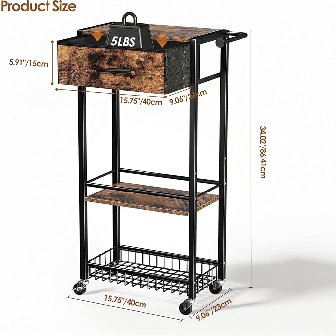 Lewondr 3-Tier Slim Storage Cart with Drawer, Rolling Utility Cart, Black | Handle & Lockable Wheels, with Wood Top, Metal Frame, Kitchen Bathroom Laundry Room Organizer for Small Spaces - Image 2