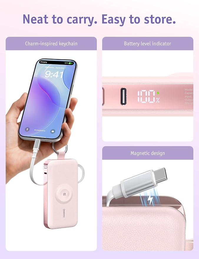 RORRY CharmGo Portable Charger 3 in 1 iPhone Power Bank for Apple 12000mAh | Built-in Retractable Cable Fast Charging Travel Keychain Battery Pack for Apple Watch /iPhone Air/17/16/15/14/13/12 - Image 7