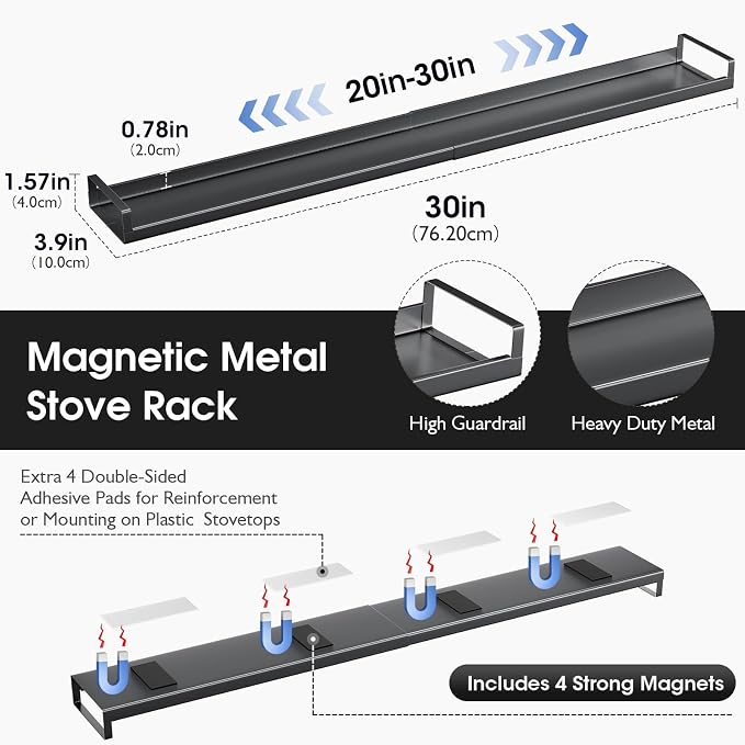 Bumusty 30" Adjustable Magnetic Stove Top Shelf, Matte Black | Expandable Spice Rack with Strong Magnetic Hold for Seasoning Storage and Kitchen Counter Organization - Image 3