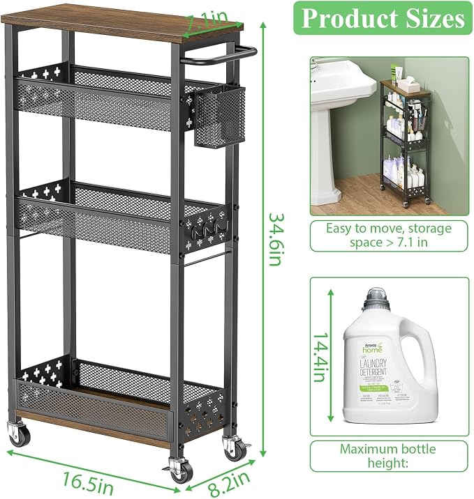4 Tier Slim Rolling Storage Cart Laundry Room Organzier with Wheels | Small metal bathroom cart，kitchen organizer, trolley with handle and mesh basket, 7.1 inch width for narrow space, black - Image 2