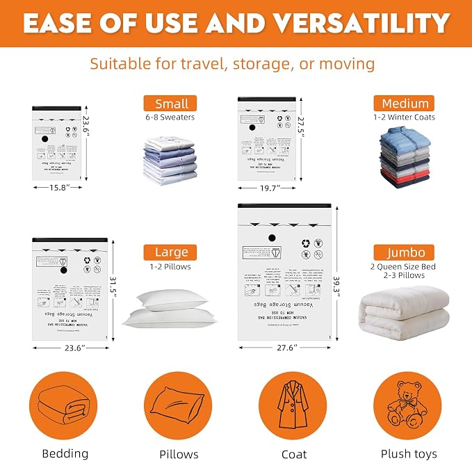 12 Pack Vacuum Travel Bags With Pump,Vacuum Bags For Clothes (4S+4M+2L+2J) | Vacuum Storage Bags For Clothes,Vacuum Compression Bags For Travel and Home Organization - Image 6