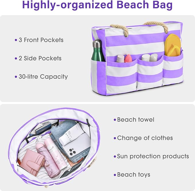 Becokan Beach Bags for Women Canvas Large Beach Tote Bag Zipper Waterproof Sandproof Foldable Swim Pool Bag with 7 Pockets - Image 7