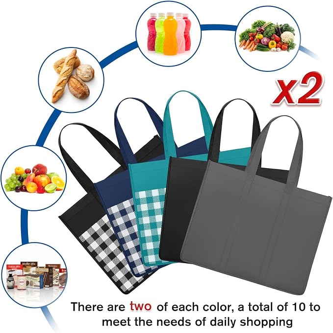 Reusable Grocery Shopping Bags 10 Pack Large Foldable Tote Bags Bulk | Eco Produce Bags with Long Handle for Shopping Groceries Clothes (Plaid B) - Image 5