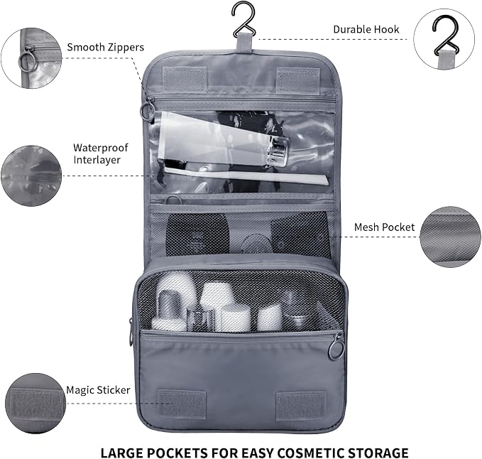 Lcsmaokin Large Capacity Toiletry Bag Travel Bag with Hanging Hook for Men and Women Waterproof Travel Cosmetic Bag Bathroom Storage Bag for Brushes Set,Mens Bathroom Bag Accessories-Grey - Image 3
