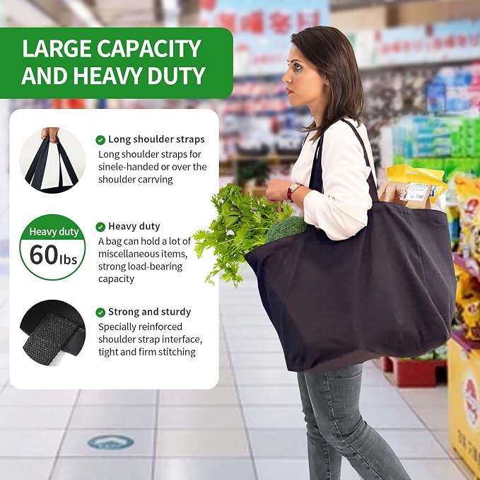 3 Pack Heavy Duty Reusable Canvas Grocery Bags, Holds 60 lbs, 8.3 gal Multi-Purpose Washable Bags with 5 Pockets, Black - Image 6