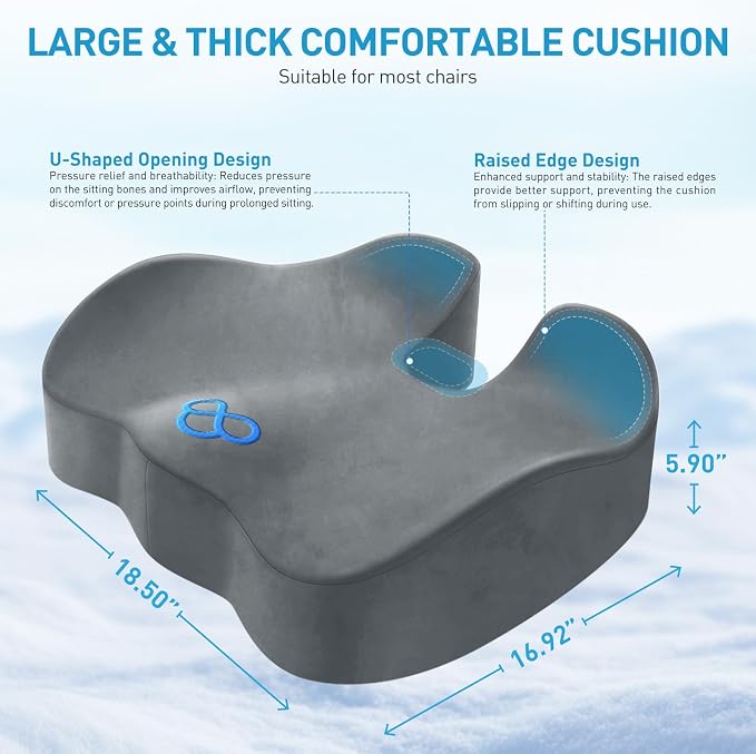 BlissTrends Extra Thick Seat Cushion for Office Chair & Car Seat, LightGrey | Tailbone & Sciatica Relief, Ergonomic Support, High-Density Memory Foam, Comfort for Extended Sitting - Image 2