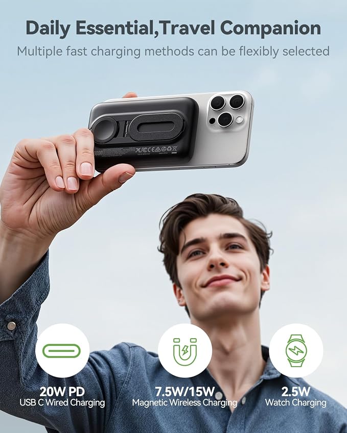 Magnetic Portable Charger for iPhone & Apple Watch, 10000mAh Wireless Power Bank USB-C Fast Charging with Stand for iPhone Air/17/16/15/14/13 Series & iWatch, Travel Essential for Magsafe Battery Pack - Image 3