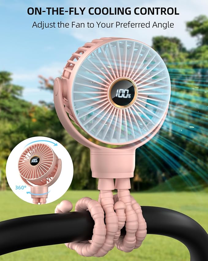 Portable Stroller Mini Fan, Small Rechargeable Personal Fan, Travel Essentials for Baby, Wagon, Car Seat, Treadmill, Battery Powered Biking Gear Accessories, 360° Rotation, 3-Speed, Display, Pink - Image 2