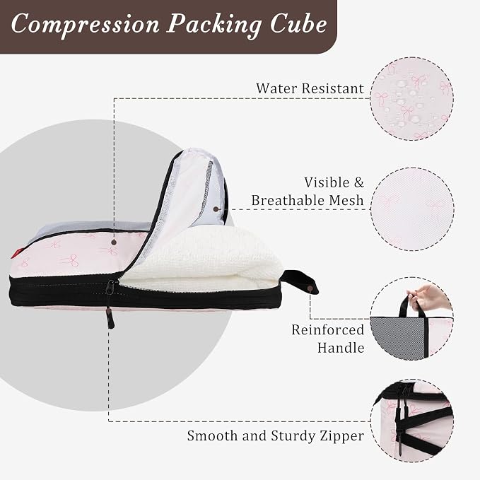 U+U 6 Set Compression Packing Cubes, Travel Organizers (Pink Bow) | Space-Saving & Drawstring Bag Included - Image 2