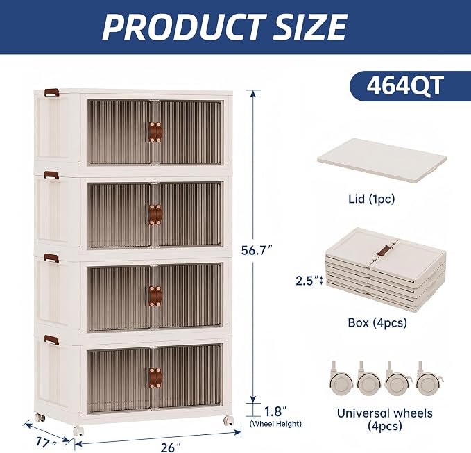 SAILUN 464Qt Stackable Storage Bins,Storage Cabinet a Lid,4Pack Blush White | Stackable Storage Drawers with Lids,26" W x 17" D x 56.7" H,Featuring open-front Access for Clothes and Closet Storage - Image 6