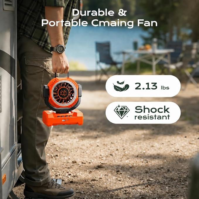 Portable Camping Fan 3-in-1, 20000mAh Rechargeable Fan with 1-100 Speeds | Auto-Oscillating Cordless Battery Powered Fan with 12H Timer, LED Lantern, Display, Gift for Men Women, Travel, Jobsite, Tent - Image 8