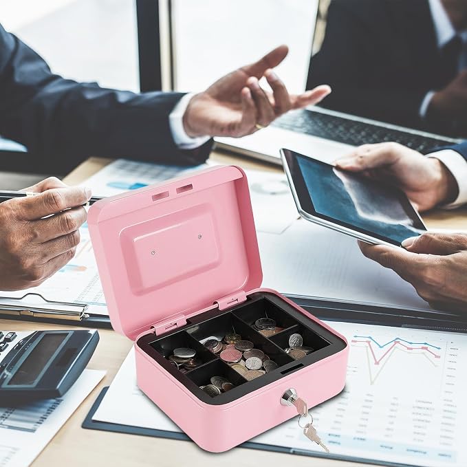 xydled Locking Steel Medium Cash Box with Removable Coin Tray and Key Lock,7.87"x 6.30"x 3.54",Pink - Image 9