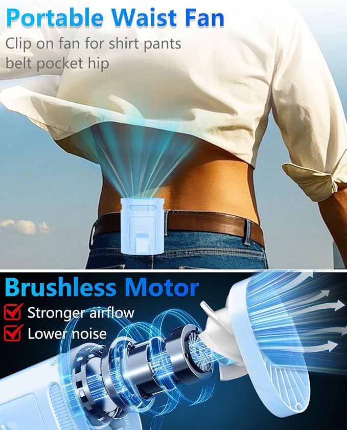 Belt Fan Clip on Waist Portable Cooling Fan-Tiny Person Waistband Necklace Fan,Recargable Under T Shirt Body Fans,Individual Menopause Neckband Lanyard Cooler Ac Blue - Image 3