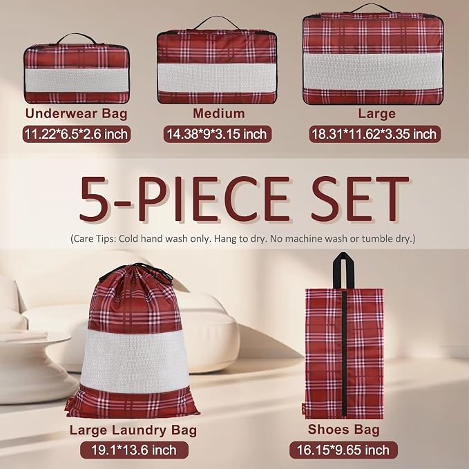 U+U 5 Set Packing Cubes, Travel Organizers with Shoe Bag (Burgundy) | Ultralight Design & Easy Travel Organization - Image 3