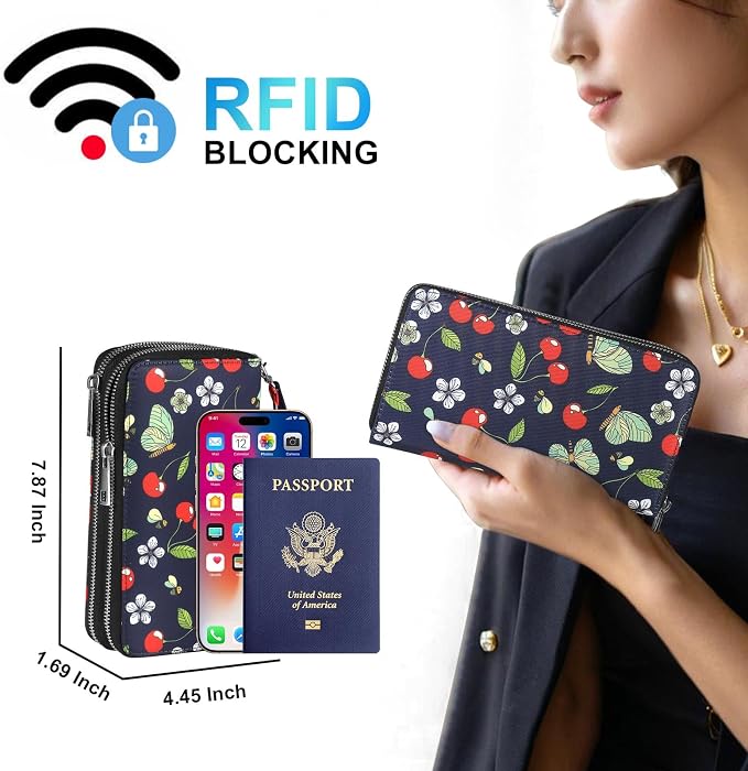 RFID Blocking Cellphone Wallet for Women with Wrist Strap, Double Zipper Travel Clutch Purse Large Capacity, Cherry - Image 2