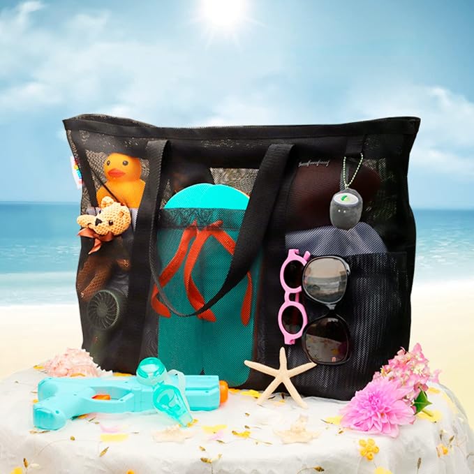 Tagitary Mesh Beach Bag with Zipper Large Beach Tote Waterproof Sandproof with 8 Pockets for Toys Pool Bag Beach Accessories - Image 3