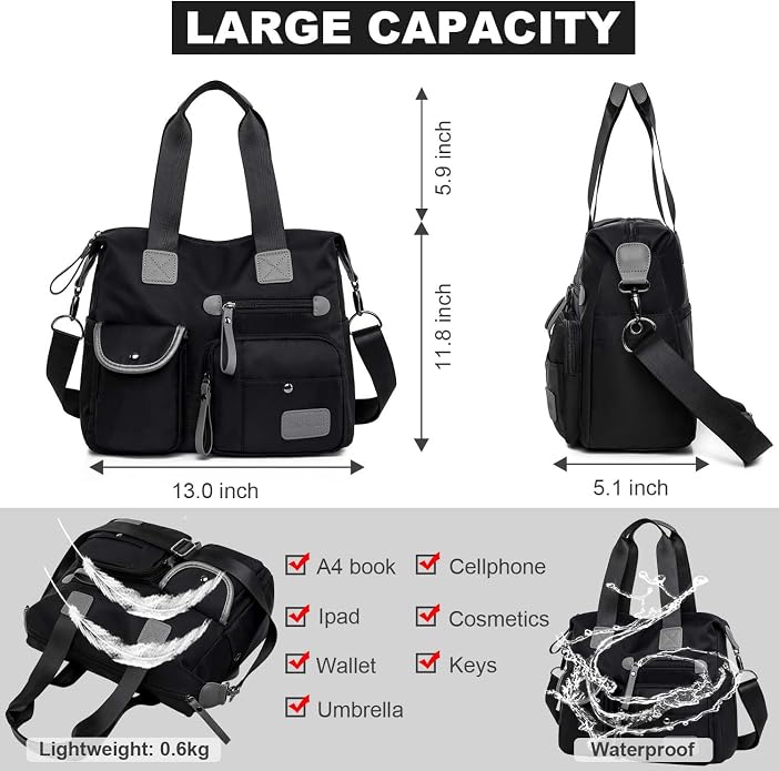 Tote Bag for Women,Multi Pockets Shoulder Handbag,Nurse Bag for Work,Large Cross body Purse,Fashion Nylon Top Handle Satchel - Image 6