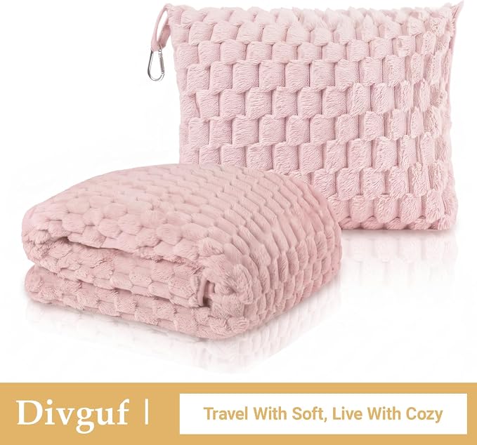 Travel Blanket with Bag, Soft Fleece Portable Airplane Blanket, Pink | Soft fleece travel blanket 50x60in grey. 5-in-1: pillow, lumbar support, shawl, hand warmer. Washable, luggage sleeve, clip. - Image 8