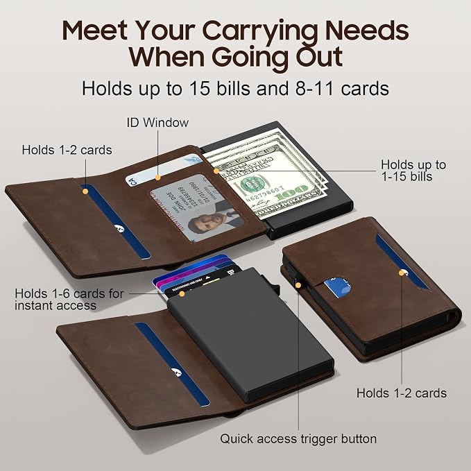 Men Wallet 8-11 Cards, Anti-Theft Minimalist Wallets, Smart Pop Up Card Wallet With RFID Blocking Function, Cash Slots, ID Window, Ultra Thin, Front Pocket(Brown) - Image 2