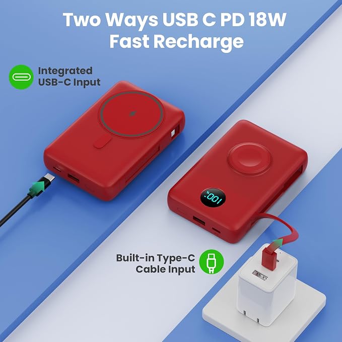 Magnetic Portable Charger 10800mAh with Built-in Cables,Wireless Power Bank for Magsafe,25W PD Fast Charging USB-C Travel Essentials Battery Pack for iPhone 17/16/15/14/13/12 Series,Apple Watch-Red - Image 6