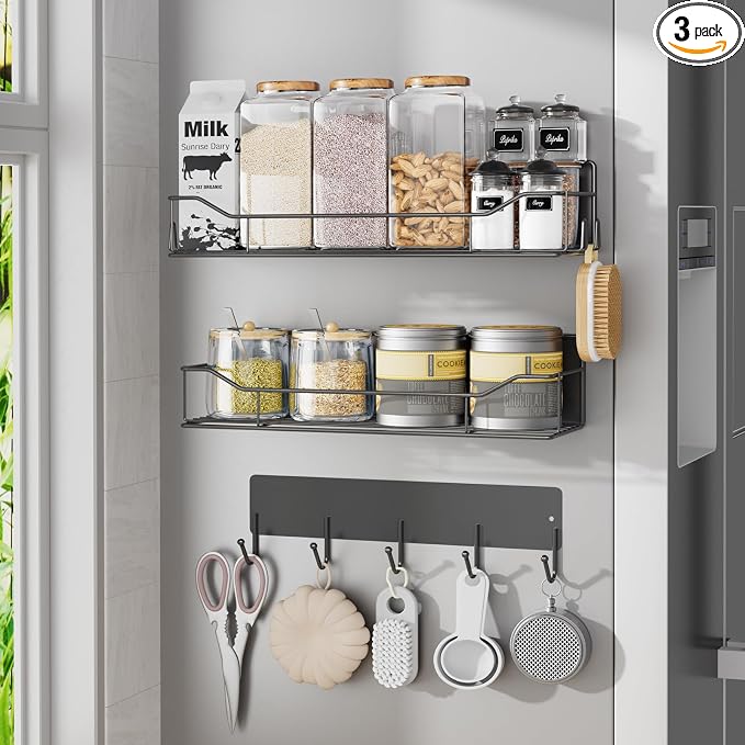Magnetic Spice Rack for Refrigerator, 3 Pack Metal Magnet Spice Organizer Shelf with Hook Rack, Magnetic Fridge Shelves for Kitchen Organization and Storage, Seasoning Organizer Gadgets (Black) by IYEBAU