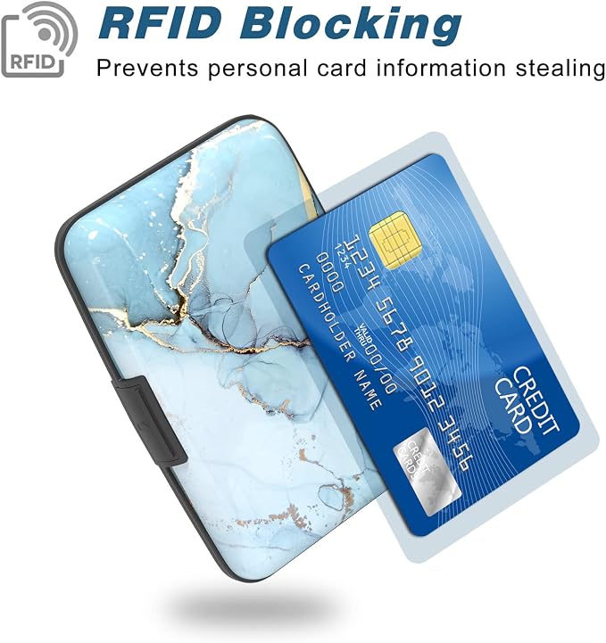 Credit Card Holder, Mini Aluminum Card Wallet RFID Blocking Slim Metal Hard Card Case for Women Men, Blue Marble - Image 2