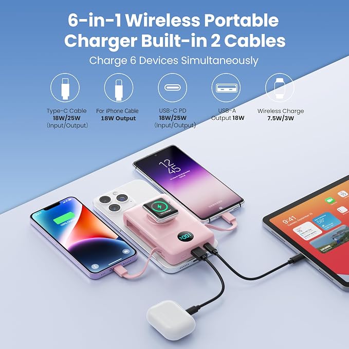 Magnetic Portable Charger 10800mAh with Built-in Cables,Wireless Power Bank for Magsafe,25W PD Fast Charging USB-C Travel Essentials Battery Pack for iPhone 17/16/15/14/13/12 Series,Apple Watch-Pink - Image 6