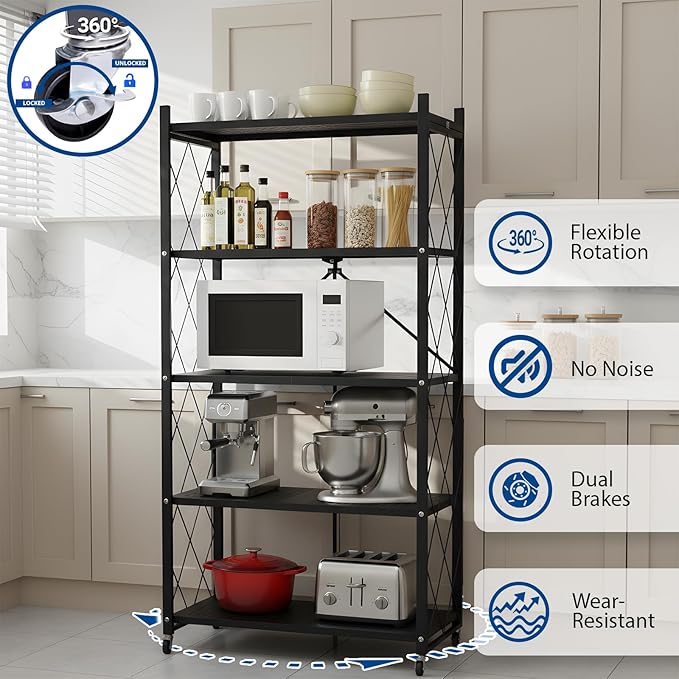 5 Tier Foldable Storage Shelf with Wheels, Heavy-Duty Metal Shelving Unit, No Assembly Book Shelf Rolling Storage Rack for Garage, Kitchen, Pantry, Closet, Exhibition, Office Decor, Black - Image 5