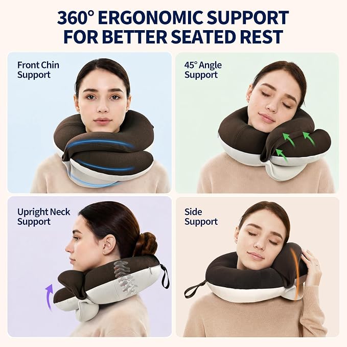 Travel Neck Pillows for Airplanes, Memory Foam 360° Head Support Sleep for Long Flight, Skin-Friendly & Breathable, Kit with Eye Mask, Earplugs and Storage Bag (Adult, Brown, 90+ lbs) - Image 2