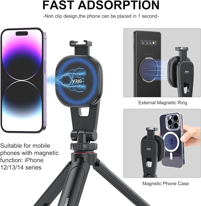 VRIG MG-03 Magnetic Phone Tripod Mount for iPhone and MagSafe Cases | 360° Rotation Cold Shoe, Camera Phone Mount Compatible with iPhone 17 16 15 14 13 12 Series, Phone Holder for Camera, Tripod - Image 2