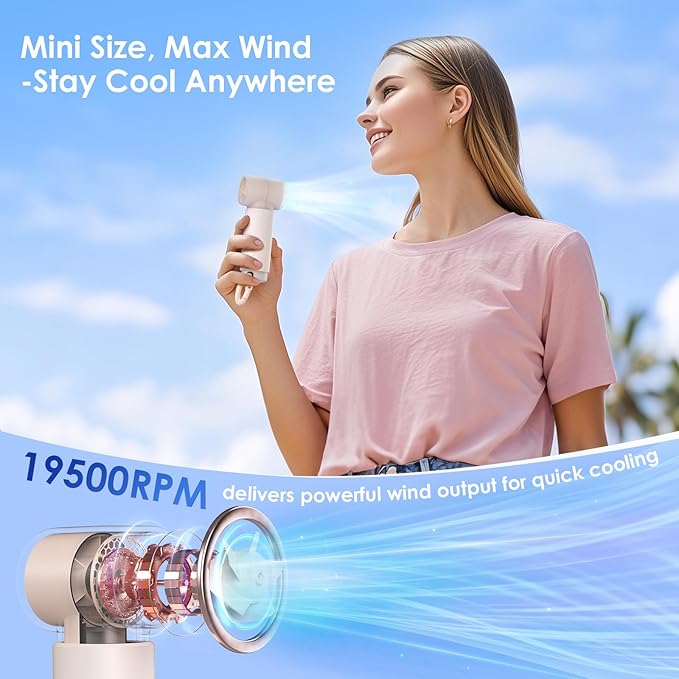 Handheld Portable Mini Fan, Personal Small Pocket Design with Hook, 19500RPM Powerful Motor Trubo, 10H Max Cooling time USB Rechargeable, 5 Speeds for Women/Men/Travel/Beach/Outdoor- Pink - Image 3
