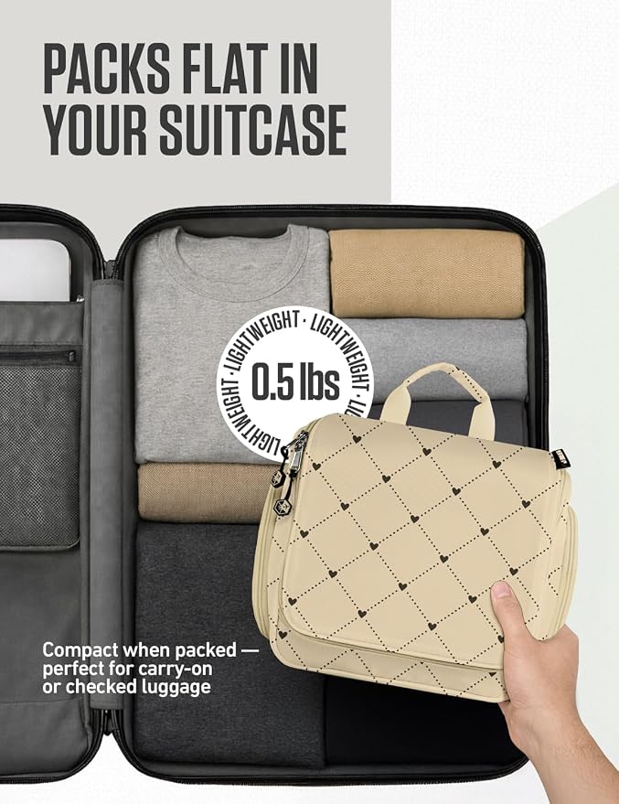 VENTURE 4TH Hanging Travel Toiletry Bag, 17 Compartments - Beige Diamonds | Hangs on rails, hooks or doors; stands upright too. Removable TSA pouch. Water-resistant 900D Nylon, reinforced stitching. - Image 8