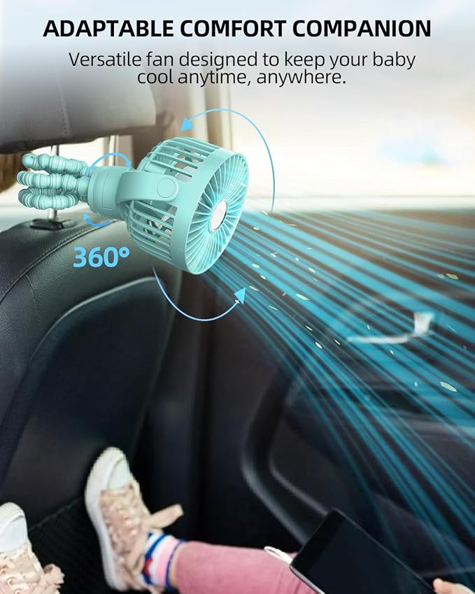 Portable Stroller Mini Fan, Small Rechargeable Personal Fan, Travel Essentials for Baby, Wagon, Car Seat, Treadmill, Battery Powered Biking Gear Accessories, 360° Rotation, 3-Speed, Display, Aqua - Image 5