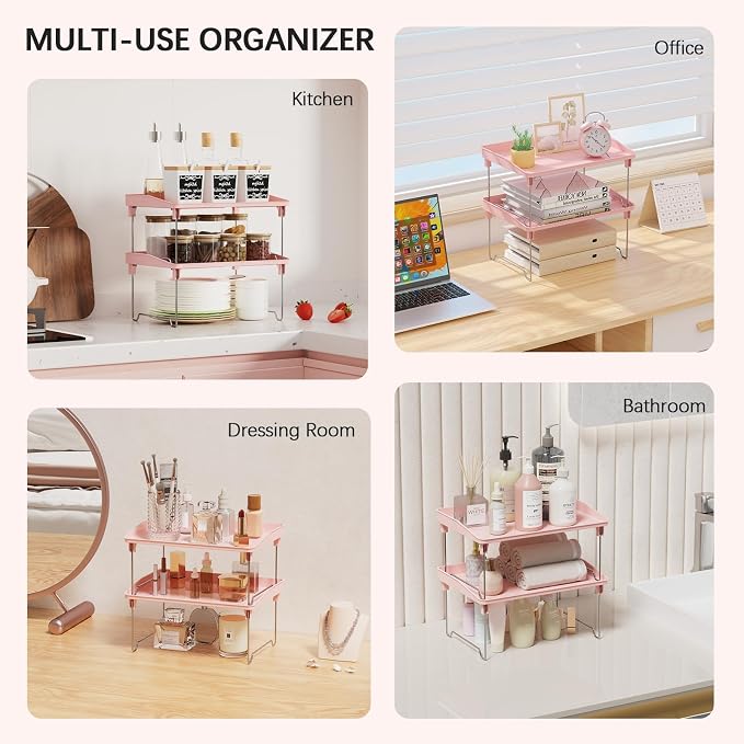 STARLATTA 2 Pcs Cabinet Organizer Shelf，Stackable Kitchen Counter Shelves, Spice Rack,Countertop Organizers，Pink Plastic Storage Shelves Rack for Makeup，Bathroom, Cupboard，Desk，Pantry Organization - Image 6