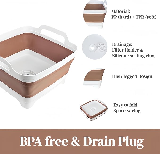 Collapsible Wash Basin for Baby Bottles - 2.4 Gallons Portable Wash Bin for RV Camping Sink, Space-Saving Dish Tub (Mocha) - Image 4